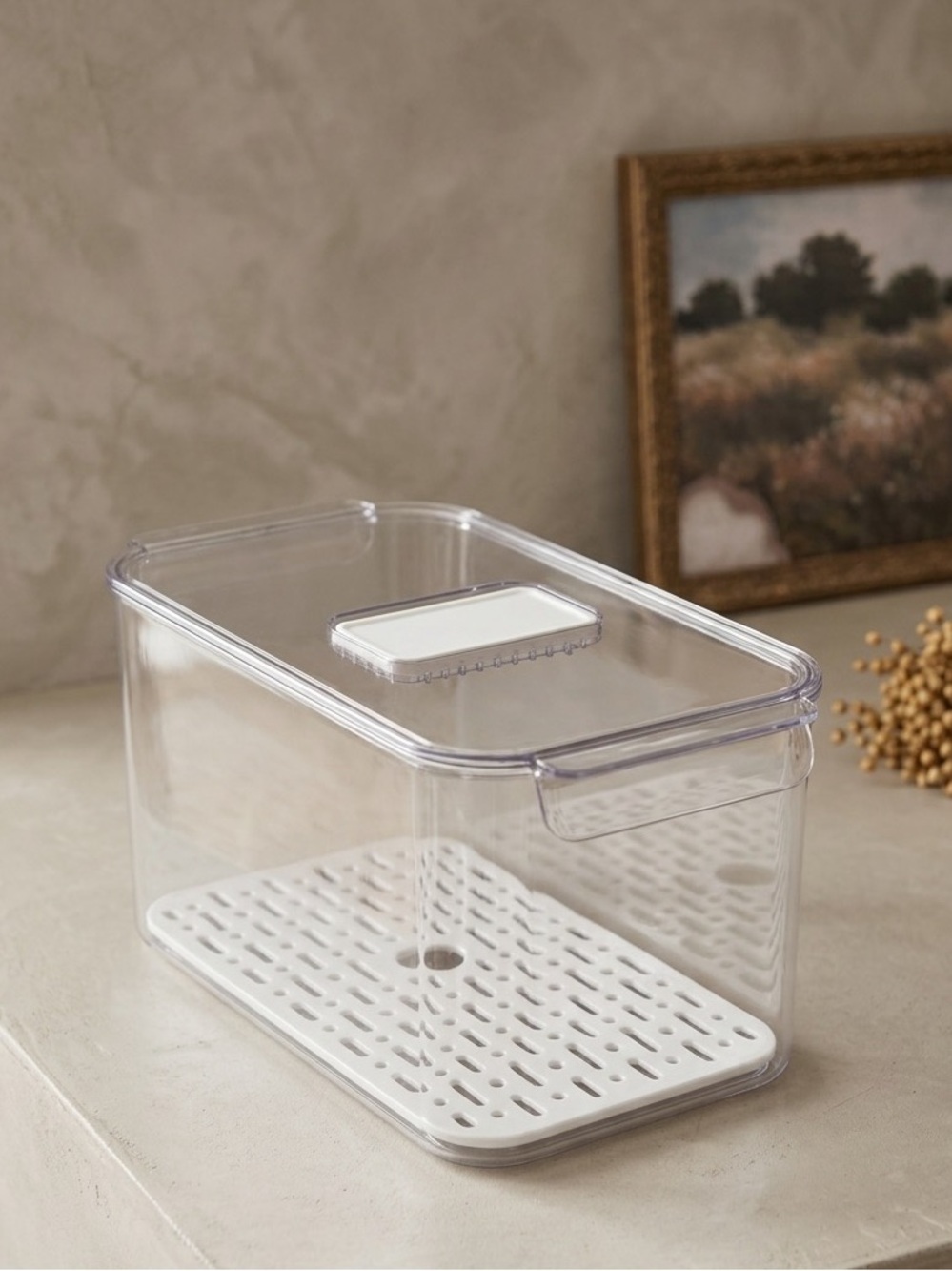 Clear Plastic Kitchen Storage Container with White Drain Tray
